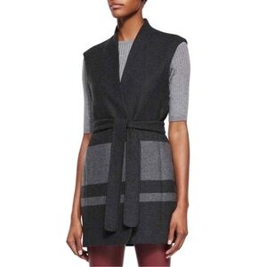 Vince Blanket Long Black & Charcoal Stripe Wool Sleeveless Vest